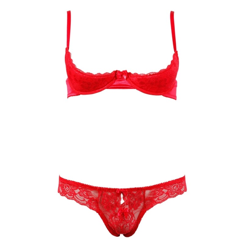 Cottelli LINGERIE - Koronkowy Komplecik Biustonosz Bez Miseczek I Otwarte Stringi Czerwone 80B/M